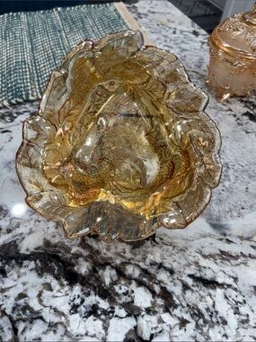 Amber Carnival Glass Leaf Bowl